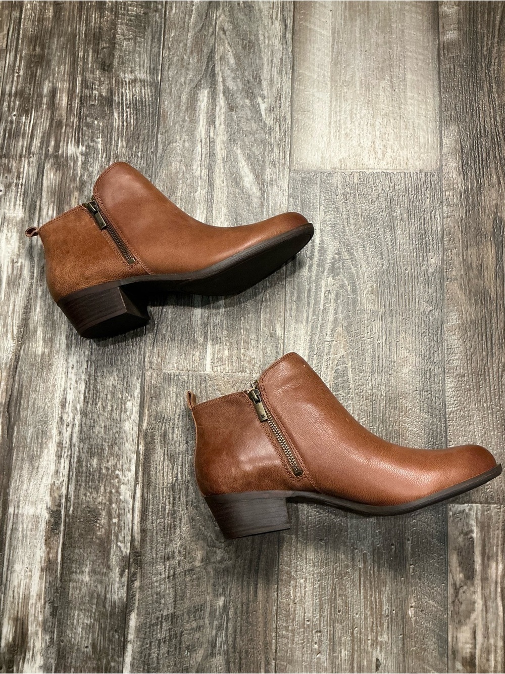 Lucky Brand Women's Cognac Leather Ankle Bootie with Side Zip - Picture 12 of 16